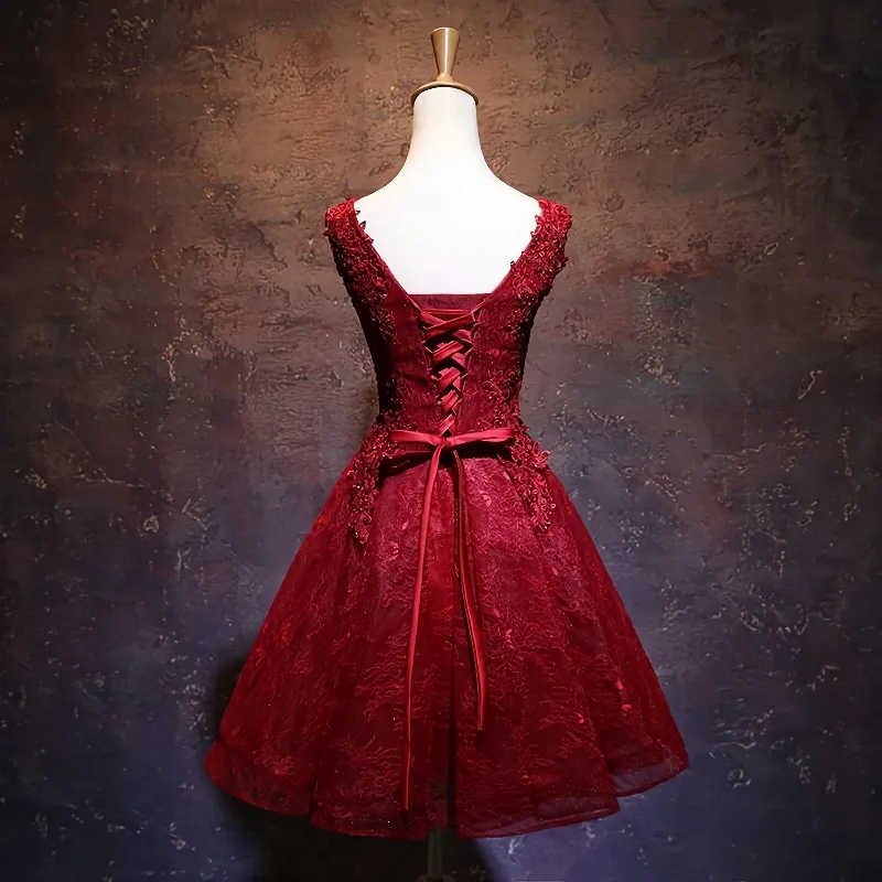 Wine Red Short Lace Cute Homecoming Dress, V Neckline Lace Up Teen Party Dress Chiffon Maxi Beach Wine Red Short Lace Cute Homecoming Dress, V Neckline Lace Up Teen Party Dress Chiffon Maxi Beach