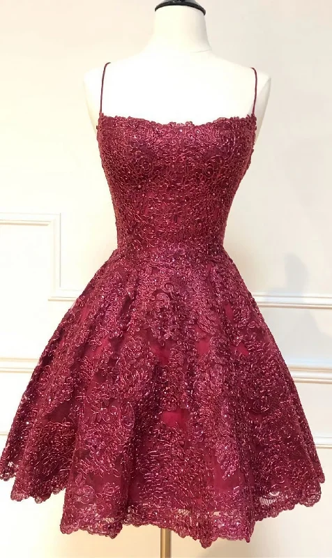 Formal Short Homecoming Dresses, Spaghetti Straps Cocktail Party Dresses, Burgundy Lace Homecoming Dresses, 2476 Cowl Neckline Elegant Formal Short Homecoming Dresses, Spaghetti Straps Cocktail Party Dresses, Burgundy Lace Homecoming Dresses, 2476 Cowl Neckline Elegant