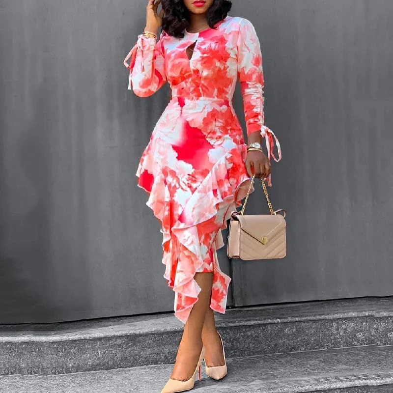 Hot sale new women's red tie dye print ruffled hip elegant bodycon party dress Tunics Silk luxurious Hot sale new women's red tie dye print ruffled hip elegant bodycon party dress Tunics Silk luxurious