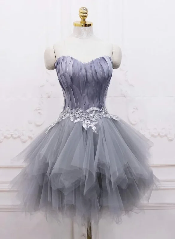 Light Grey Feather and Tulle Short Party Dress, Lovely Homecoming Dress Tunics Top Casual Light Grey Feather and Tulle Short Party Dress, Lovely Homecoming Dress Tunics Top Casual