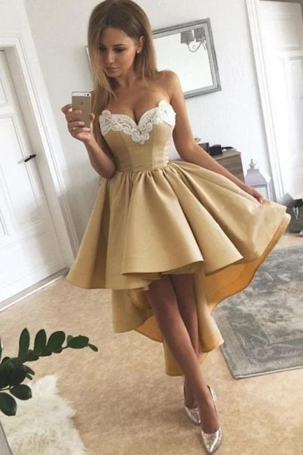 Charming Sweetheart Lace Hi-Lo Homecoming Dress Gold Sleveless Short Party Dress with Appliques Turtleneck Warm Winter Charming Sweetheart Lace Hi-Lo Homecoming Dress Gold Sleveless Short Party Dress with Appliques Turtleneck Warm Winter