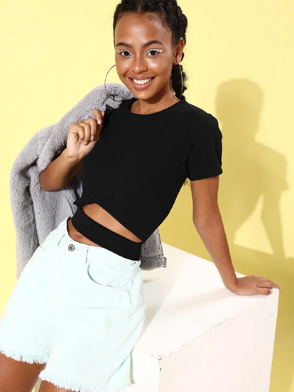 Women's Short Sleeve Belly Cut Out Crop Top- Black - StyleStone Rayon Velvet Corduroy Women's Short Sleeve Belly Cut Out Crop Top- Black - StyleStone Rayon Velvet Corduroy