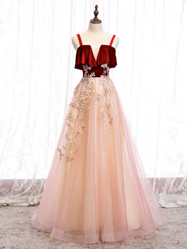 Pink Tulle and Velvet Long Lace Applique Straps Floor Length Party Dress, A-line Long Pink Prom Dress Tunics Top rated Pink Tulle and Velvet Long Lace Applique Straps Floor Length Party Dress, A-line Long Pink Prom Dress Tunics Top rated