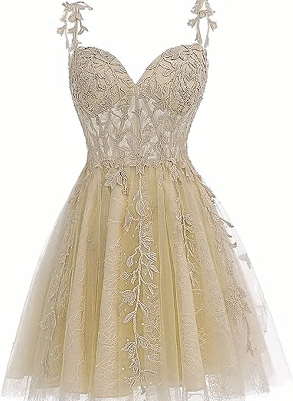 Cute Champagne Tulle Short Lace Homecoming Dress, Sweetheart Knee Length Party Dress Tunics Gym athletic Cute Champagne Tulle Short Lace Homecoming Dress, Sweetheart Knee Length Party Dress Tunics Gym athletic