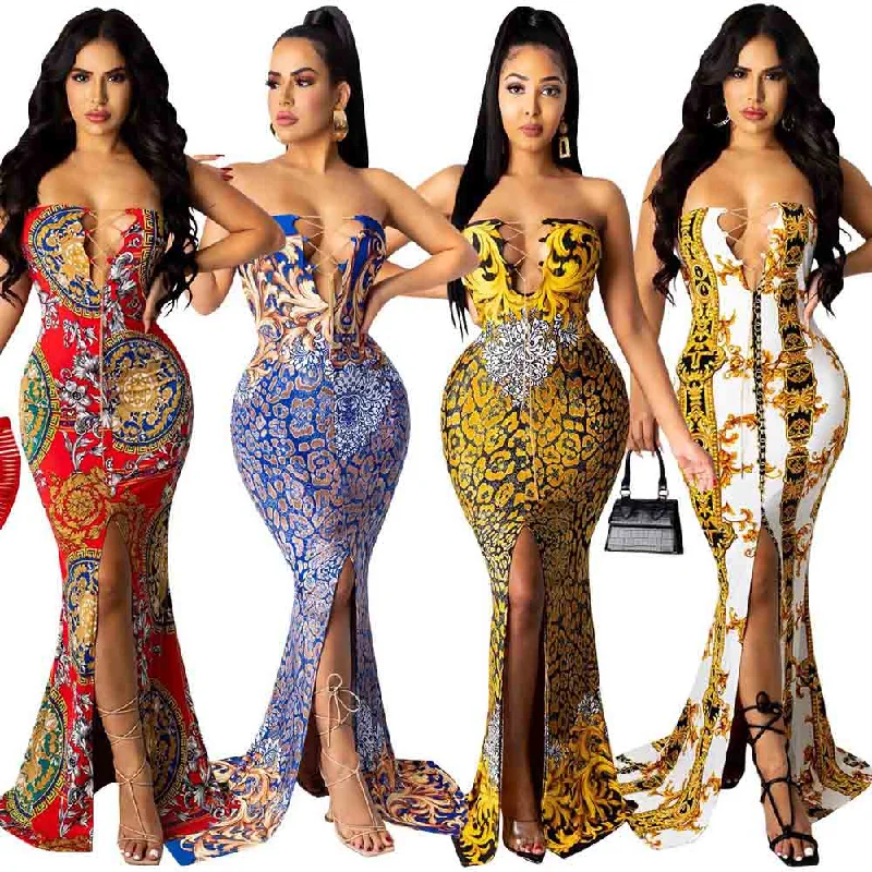 IHOOV Fashion V Neck Print Sleeveless Chain Tie Chest Slit Long elegant casual dresses party dress Tunics Bridal satin IHOOV Fashion V Neck Print Sleeveless Chain Tie Chest Slit Long elegant casual dresses party dress Tunics Bridal satin