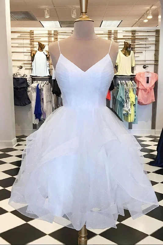 White Tulle Layered V Neck Short Homecoming Dress, White A Line Party Dress High-Low Hemline Casual White Tulle Layered V Neck Short Homecoming Dress, White A Line Party Dress High-Low Hemline Casual