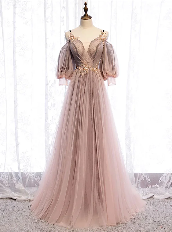 Long Sleeves Pink Tulle Long Party Dress with Lace, Pink Floor Length Prom Dress Tunics Fashionable trendy Long Sleeves Pink Tulle Long Party Dress with Lace, Pink Floor Length Prom Dress Tunics Fashionable trendy