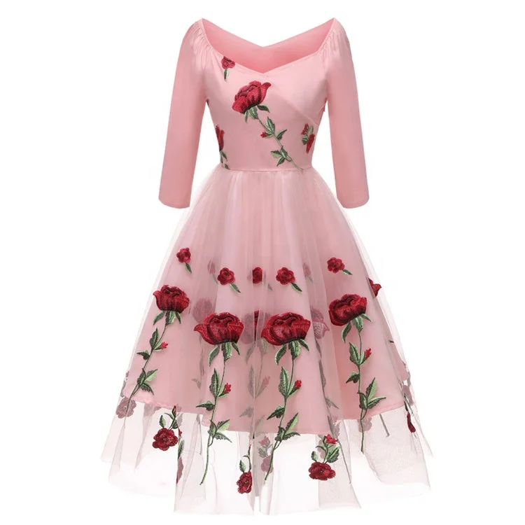 Elegant V-neck Three Quarter Sleeves Knee-length Women Party Dresses Romantic Rose Floral Embroidery Lace Tulle Dress Tunics Spring floral Elegant V-neck Three Quarter Sleeves Knee-length Women Party Dresses Romantic Rose Floral Embroidery Lace Tulle Dress Tunics Spring floral