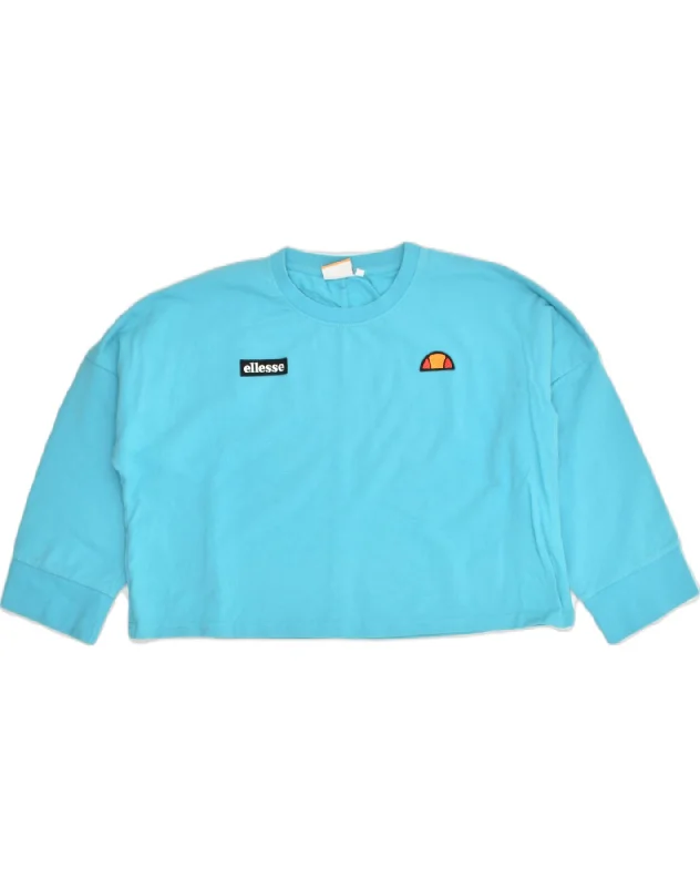 ELLESSE Womens 3/4 Sleeve Crop Top UK 14 Medium Blue Cotton Plaid Crop Top Polka Dot Checkered ELLESSE Womens 3/4 Sleeve Crop Top UK 14 Medium Blue Cotton Plaid Crop Top Polka Dot Checkered