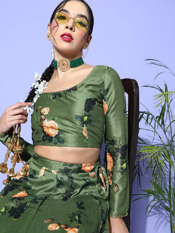 Women's Green Floral Chanderi Crop Top - Lyush Zippered Front Buttoned Front Snap Front Women's Green Floral Chanderi Crop Top - Lyush Zippered Front Buttoned Front Snap Front
