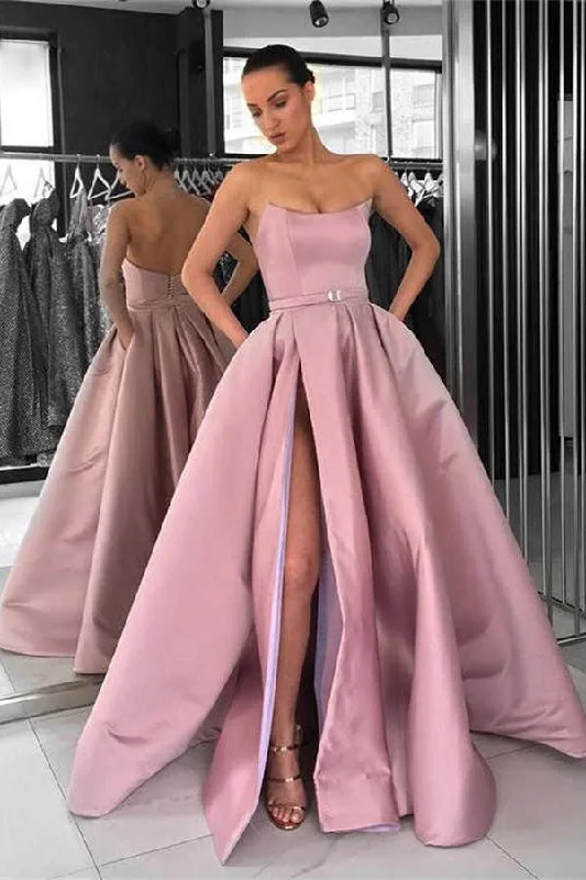 Fashion Pink Strapless Open Back Long Satin Prom Dress Party Dress Tunics Fleece cozy Fashion Pink Strapless Open Back Long Satin Prom Dress Party Dress Tunics Fleece cozy