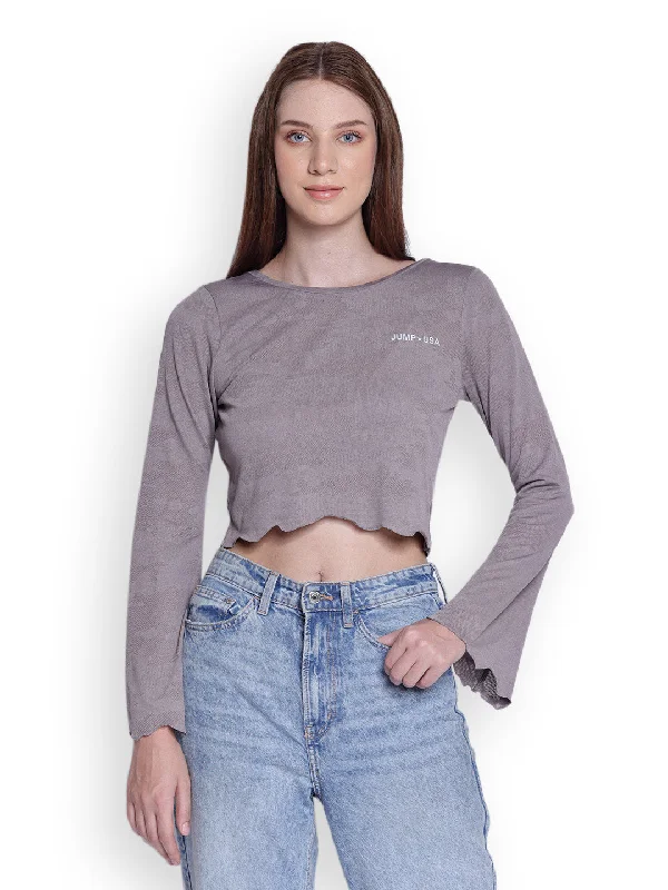 JUMP USA Womens Flared Sleeves Grey Solid Crop Tops Layered Multi-layer Single Layer