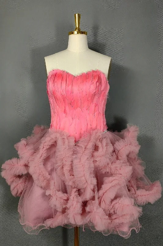 Pink Homecoming Dresses Sweetheart Neck Short Prom Dresses A Line Party Dress with Feather Tunics Modern contemporary Pink Homecoming Dresses Sweetheart Neck Short Prom Dresses A Line Party Dress with Feather Tunics Modern contemporary