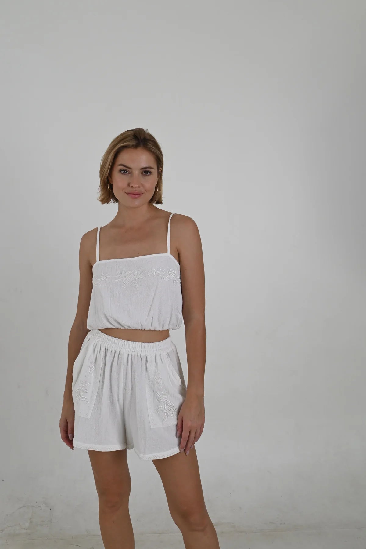 MACY EMBROIDED CROP TOP Wool Fabric Cashmere Fabric Tweed Fabric