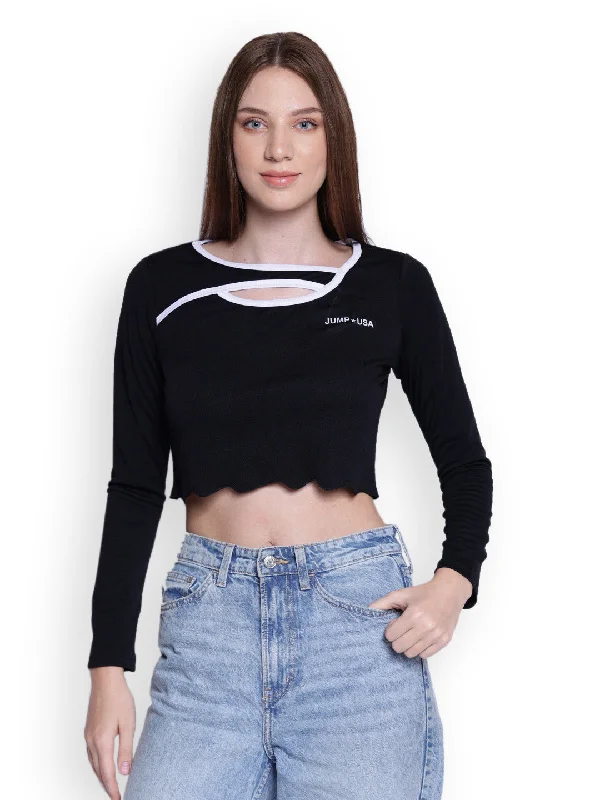 JUMP USA Womens Black Solid Asymmetric Neck Crop Tops Boxy Fit Fitted Loose