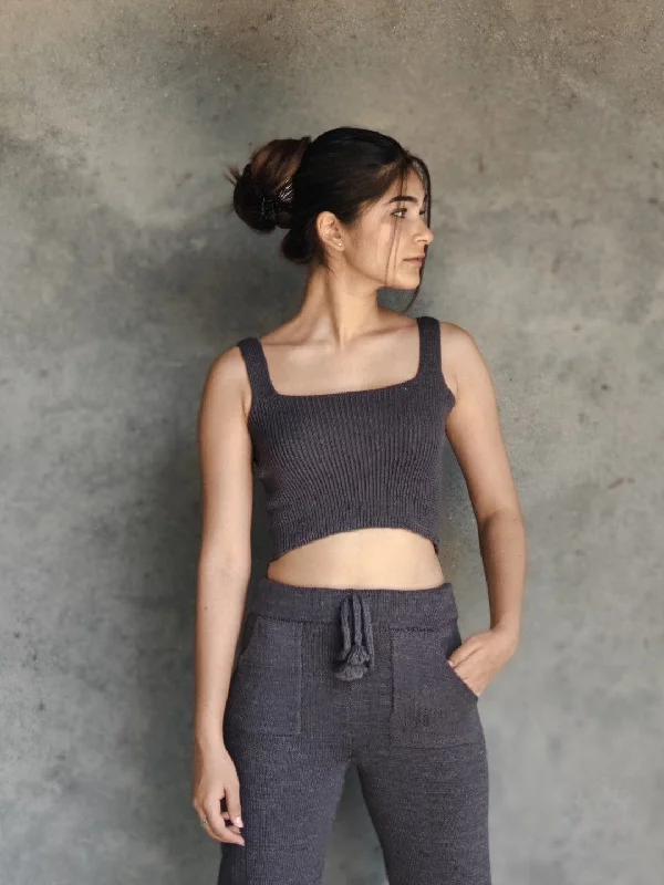 Foxys Steel Merino Crop Top Collared Crop Top Boat Neck A-Line
