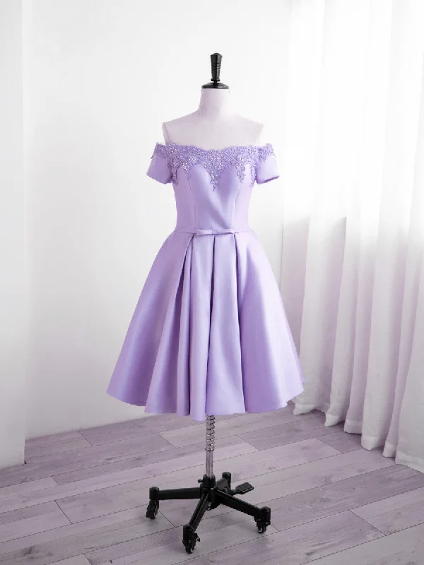 Light Purple Satin Short Party Dress with Lace, Cute Short Homecoming Dress Tunics Velvet soft Light Purple Satin Short Party Dress with Lace, Cute Short Homecoming Dress Tunics Velvet soft
