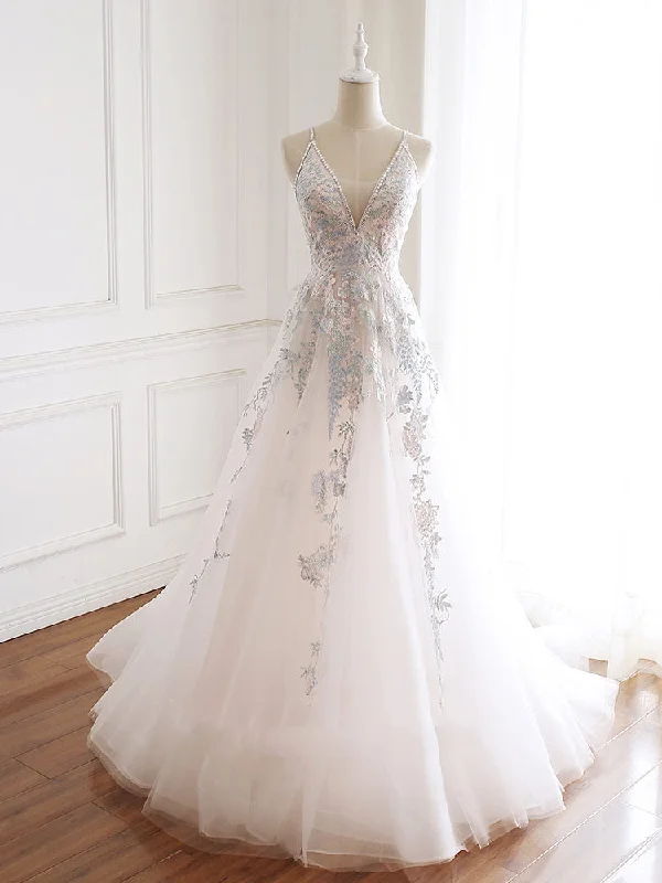 V-neckline Lace Applique Floor Length Party Dress, Charming White Floral Prom Dress Tunics Bestseller popular V-neckline Lace Applique Floor Length Party Dress, Charming White Floral Prom Dress Tunics Bestseller popular