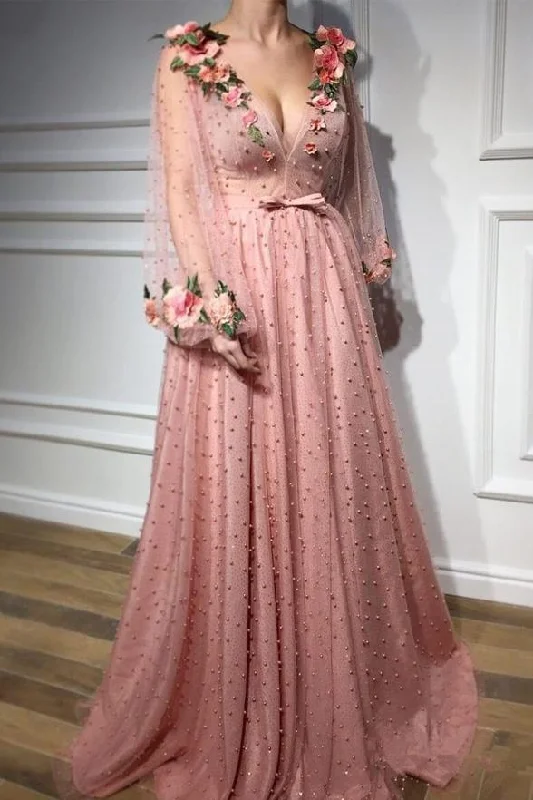 Beautiful Pink V-neck Long Sleeves Beading Princess Prom Dress Party Dress Tunics Denim casual Beautiful Pink V-neck Long Sleeves Beading Princess Prom Dress Party Dress Tunics Denim casual