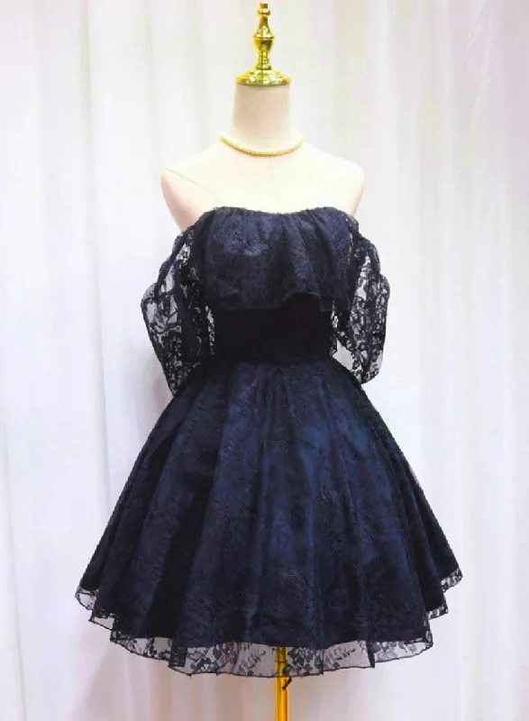 Blue Lace Off Shoulder Short Party Dress, Blue Homecoming Dress Party Dresses Tunics Silk luxurious Blue Lace Off Shoulder Short Party Dress, Blue Homecoming Dress Party Dresses Tunics Silk luxurious