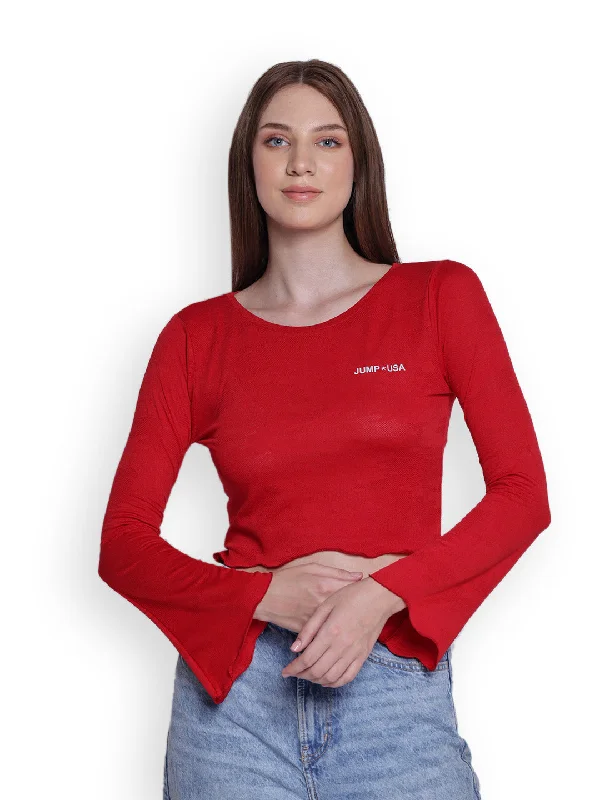 JUMP USA Womens Flared Sleeves Red Solid Crop Tops Elegant Classic Vintage