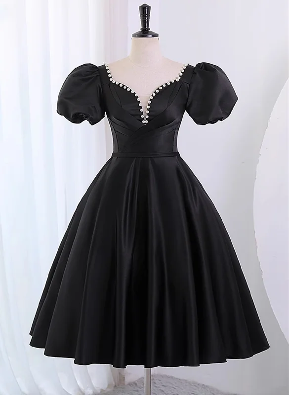 Black Satin Short Sleeves Knee Length Party Dress, Black Homecoming Dress Tunics Hiking breathable Black Satin Short Sleeves Knee Length Party Dress, Black Homecoming Dress Tunics Hiking breathable