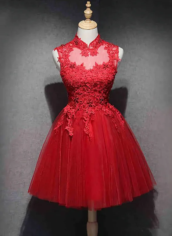 Red Lace High Neckline Tulle Short Homecoming Dress Party Dress, Red Formal Dresses Tunics Lace romantic Red Lace High Neckline Tulle Short Homecoming Dress Party Dress, Red Formal Dresses Tunics Lace romantic
