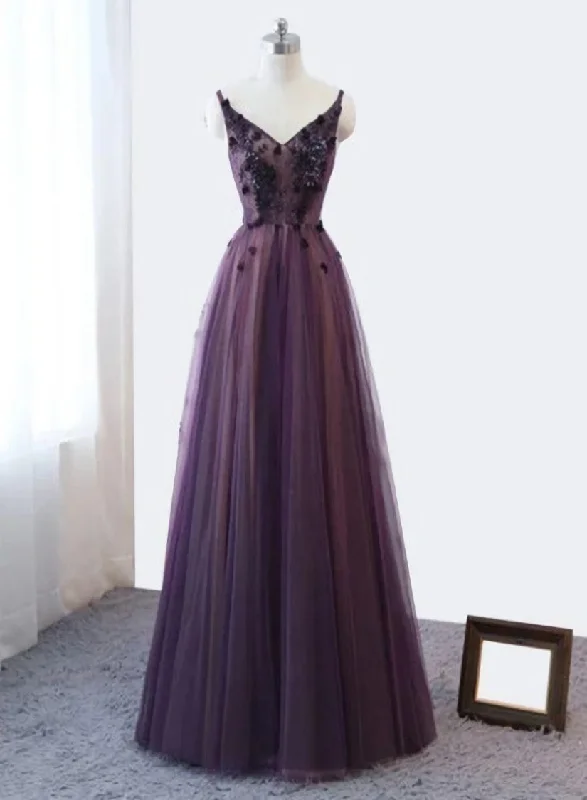 Purple V-neckline Tulle Lace Applique Party Dress Purple Formal Dress Prom Dress Tunics Handmade artisanal Purple V-neckline Tulle Lace Applique Party Dress Purple Formal Dress Prom Dress Tunics Handmade artisanal