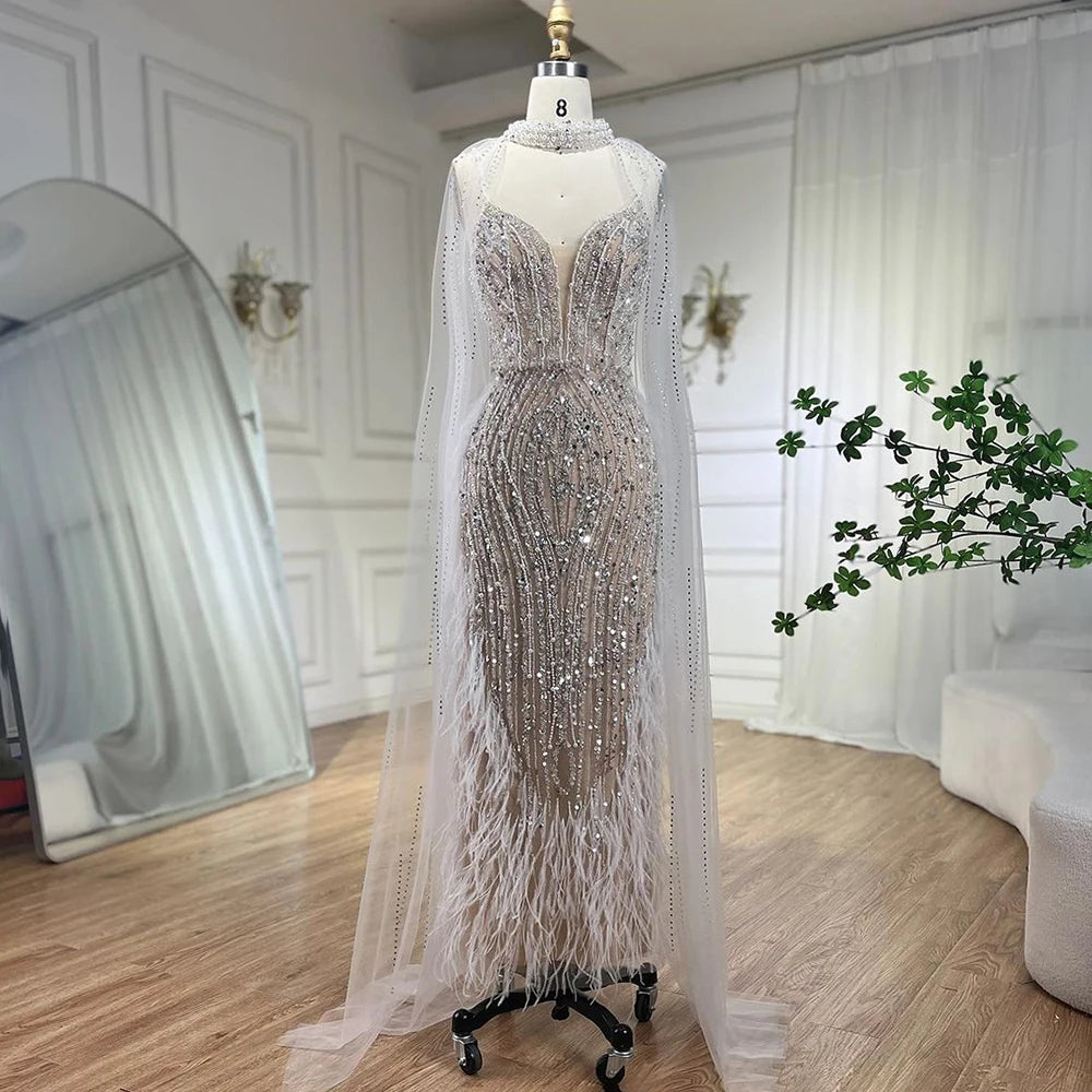 Serene Hill 2024 White Nude Mermaid Wedding Party Dresses with Beaded Feathers Luxury Cape Sleeves Party Gowns LA72047A Tunics Travel practical Serene Hill 2024 White Nude Mermaid Wedding Party Dresses with Beaded Feathers Luxury Cape Sleeves Party Gowns LA72047A Tunics Travel practical