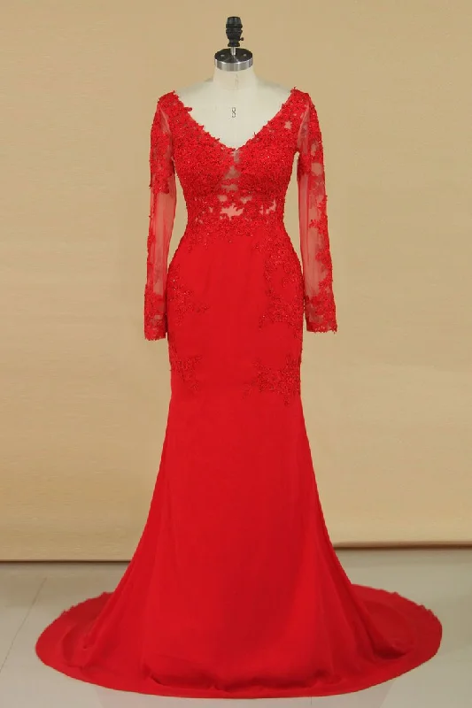 Long Sleeves V Neck Mermaid Prom Dresses Chiffon With Applique