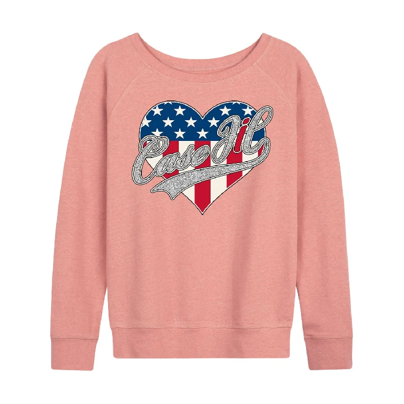 Case IH Heart Patriotic Glitter Womens French Terry Pullover Square Neck Pullover