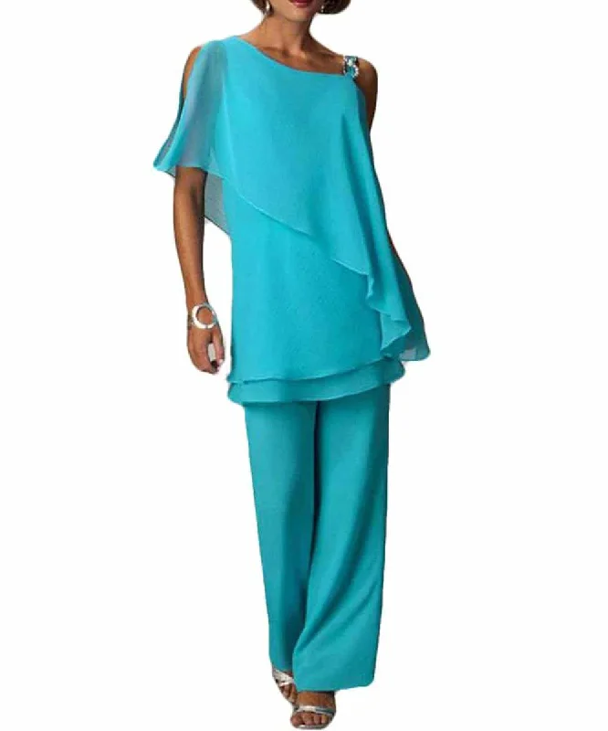 Blue Chiffon 2 Pieces Mother of the Bride Pantsuits Trouser Suits Dressy outfits with Asymmetric Half Sleeves Trousers Custom Made Blue Chiffon 2 Pieces Mother of the Bride Pantsuits Trouser Suits Dressy outfits with Asymmetric Half Sleeves Trousers Custom Made