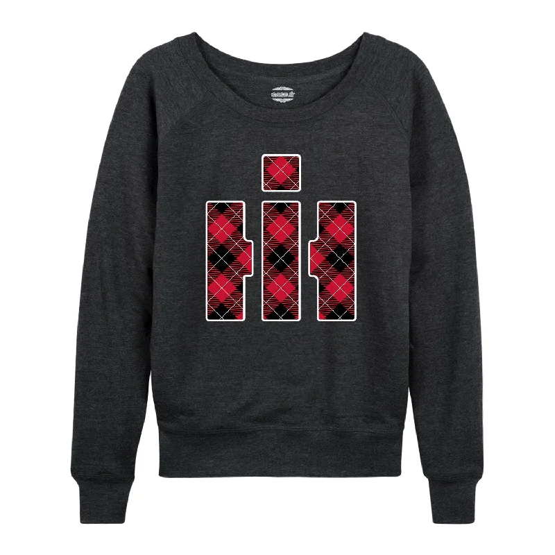 IH Logo Buffalo Plaid Womens French Terry Pullover Flare Sleeve Stylish
