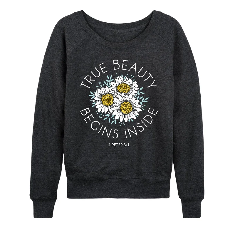 True Beauty Begins Inside Womens French Terry Pullover Button Front Sweater