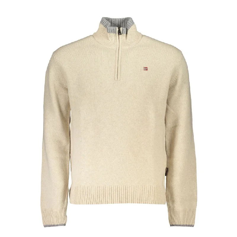 Beige Fabric Men Sweater Zippered Front Buttoned Front Snap Front