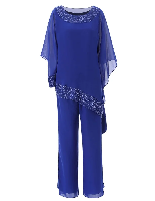 Asymmetry Chiffon 3 Pieces Mother of the Bride Dressy Pantsuits Trouser Suits Trousers Handmade Artisanal Asymmetry Chiffon 3 Pieces Mother of the Bride Dressy Pantsuits Trouser Suits Trousers Handmade Artisanal