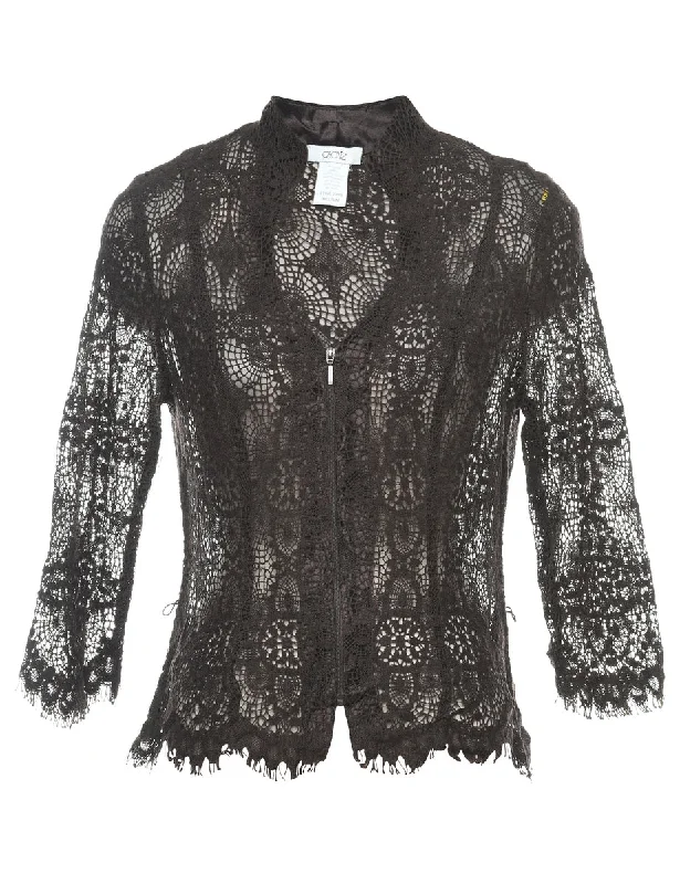 Black Classic Sheer Lace Zip-Front Blouse - M