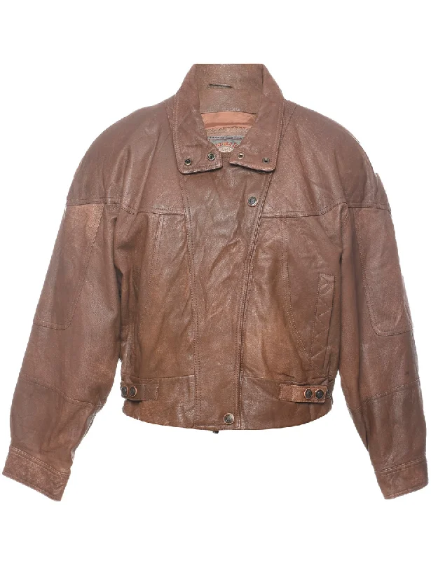 Brown Classic Zip-Front Leather Jacket - L