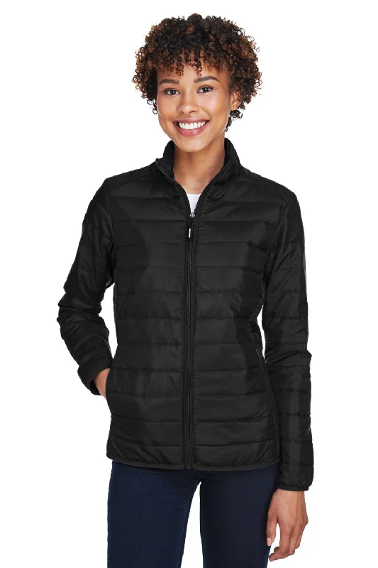 Core 365 Womens Prevail Packable Puffer Water Resistant Full Zip Jacket - Black