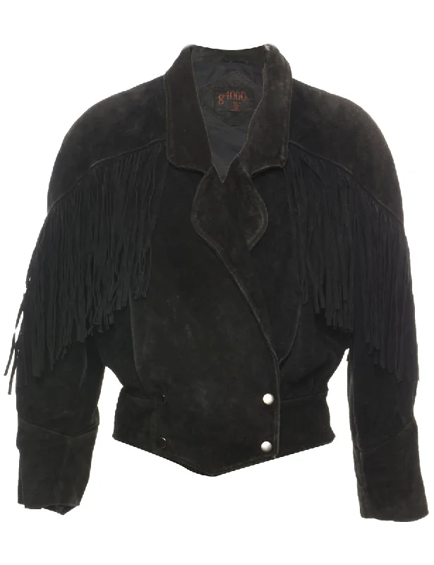 Fringed Black Suede Jacket - M