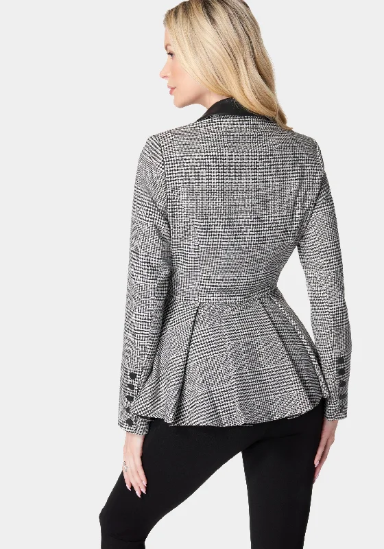 Glen Check Vegan Leather Combo Peplum Jacket