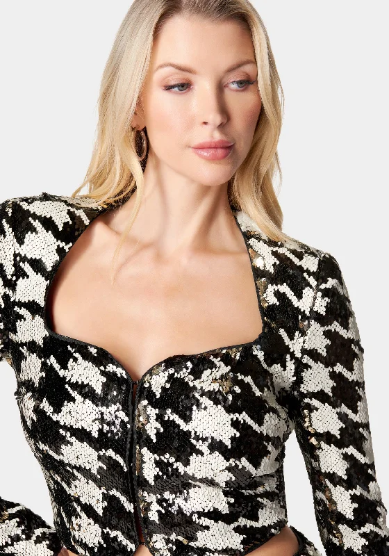 Sequin Houndstooth Notch Front Jacket