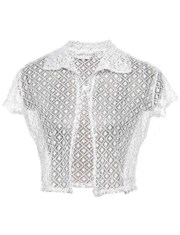 White Short-Sleeve Lace Sheer Blouse - M