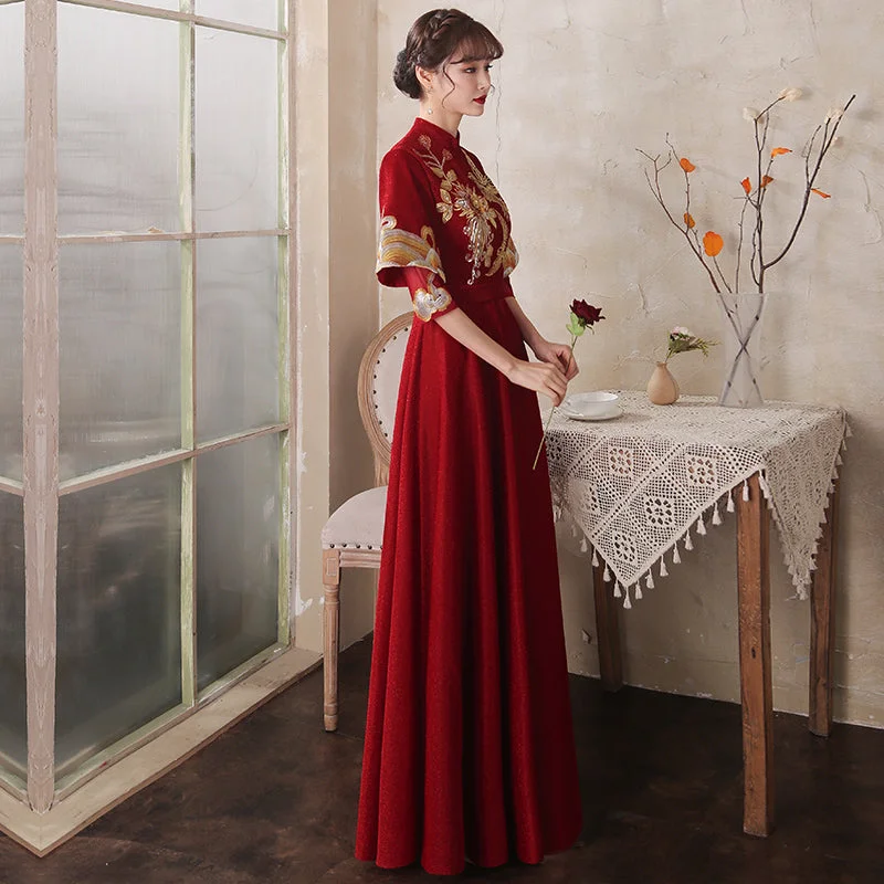 Bird & Floral Embroidery Velvet Oriental Evening Dress with French Cuff