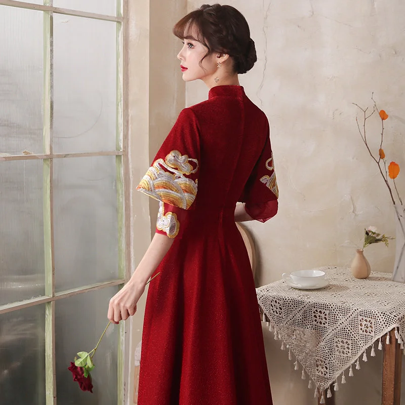 Bird & Floral Embroidery Velvet Oriental Evening Dress with French Cuff