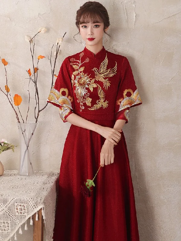 Bird & Floral Embroidery Velvet Oriental Evening Dress with French Cuff