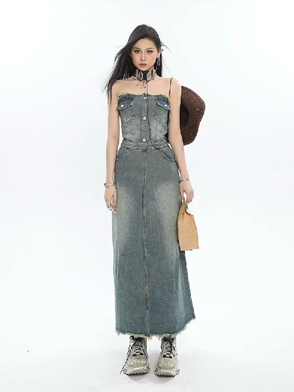 Daisy Denim Blue Vintage Bandeau Sleeveless Jeans Straight Jeans Dress