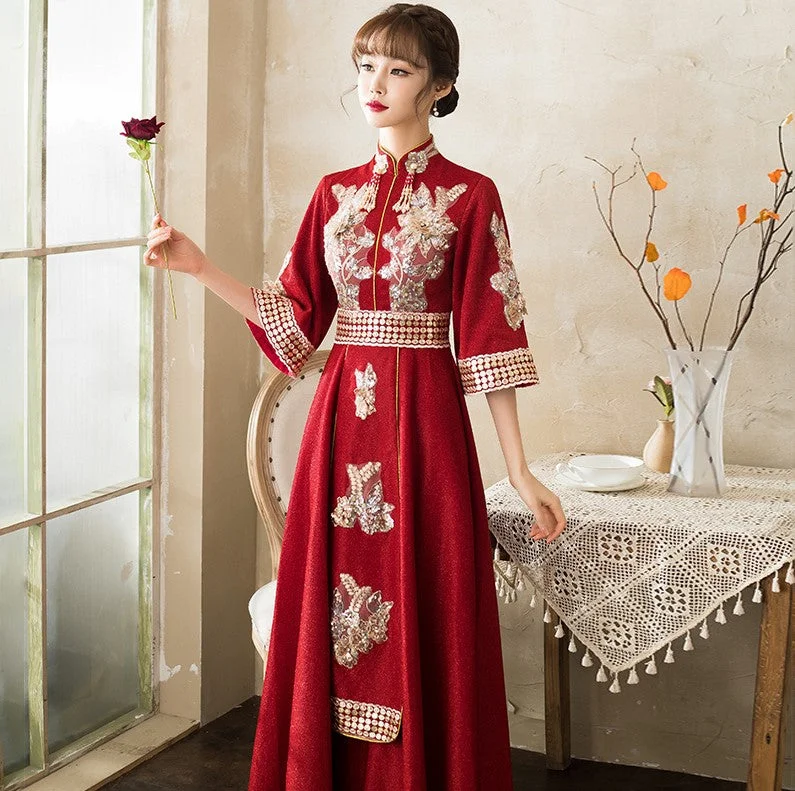 Floral Embroidery Applique Half Sleeve Mandarin Collar Oriental Evening Dress