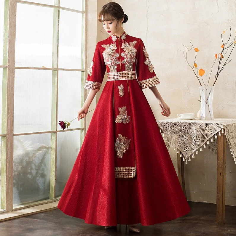 Floral Embroidery Applique Half Sleeve Mandarin Collar Oriental Evening Dress