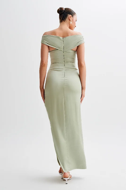 Harley Off Shoulder Satin Maxi Dress - Sage